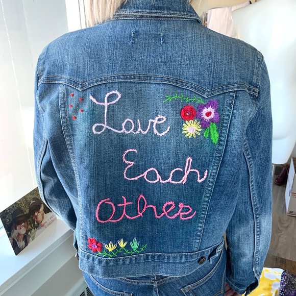 GirlyGrrlStyle Jackets & Blazers - Hand Embroidered Love Each Other Denim Jacket